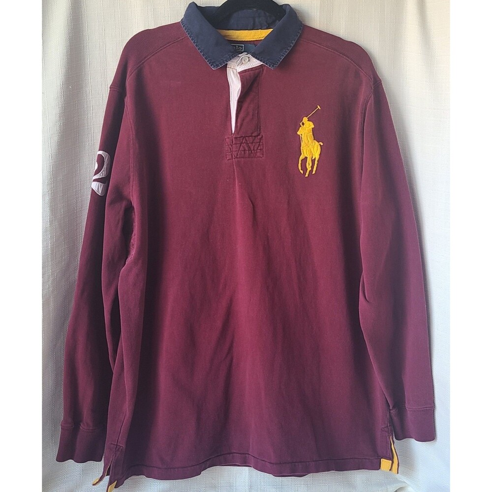 Polo Ralph Lauren Rugby Shirt Mens Large Burgundy Big Pony Long Sleeve USA Polo
